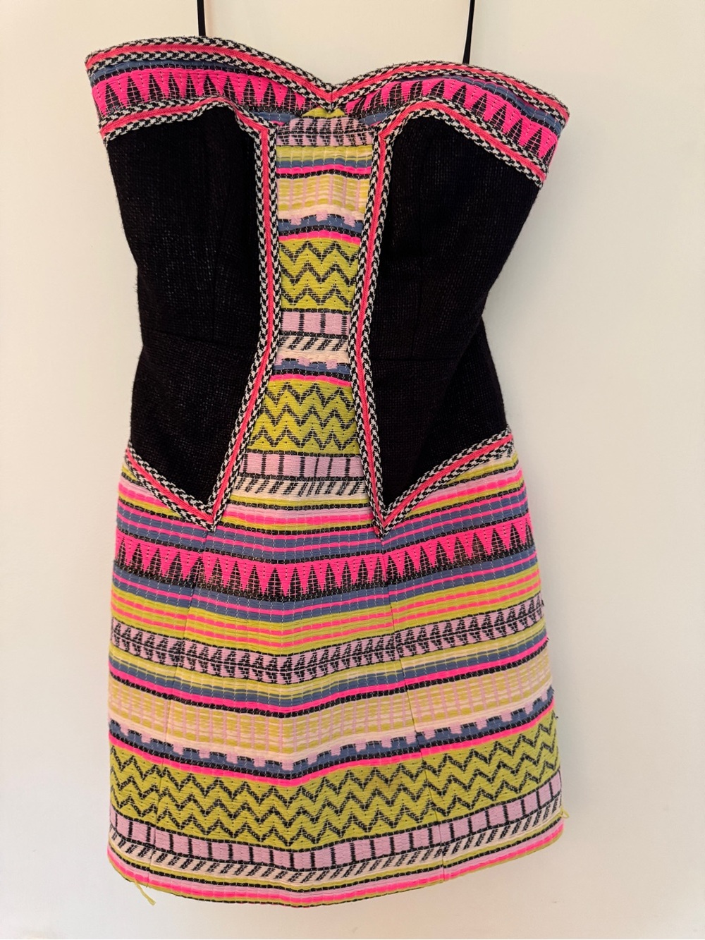Milly Strapless Black Dress with Neon Pink and Lime Patterned Panels